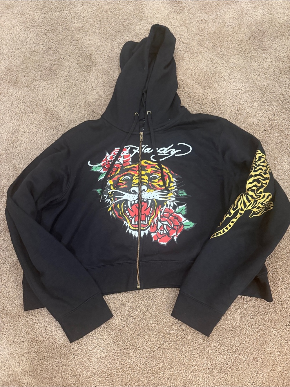 Ed Hardy Black Zip-Up Hoodie with Tiger & Rose Graphic